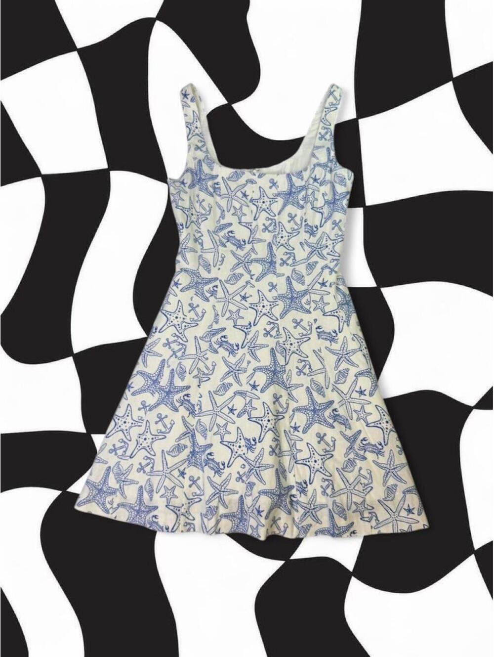 Avec Les Filles white & blue starfish print mini linen dress